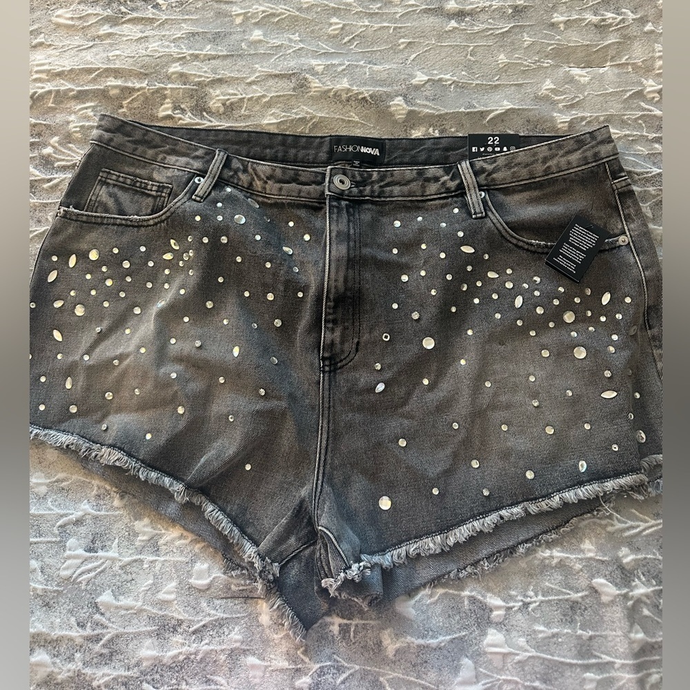 Razzle Dazzle Embellished Cut Off Denim Shorts- Gray​​​​​